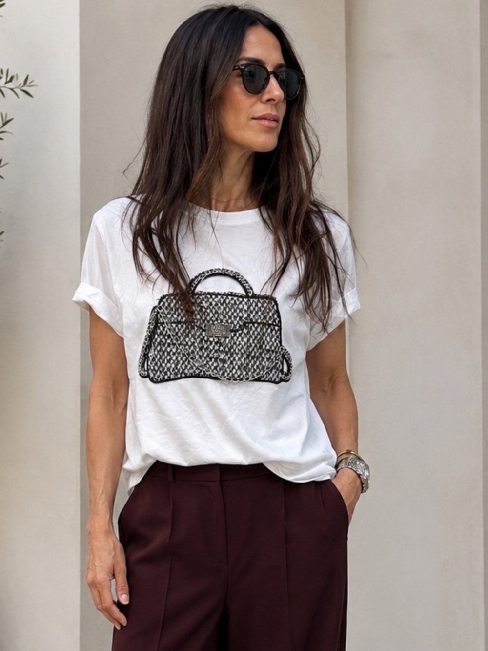 ShopEvelynne White Graphic Tee with Black Tweed Bag Motif